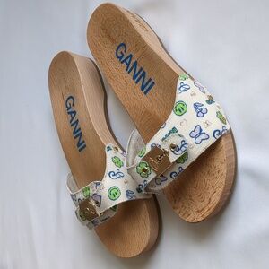 Ganni Floral Print Wood Platform Slide Sandals in White, Green, Blue